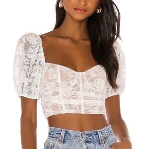 For Love & Lemons Rosalie White Lace Puff Sleeve Crop Top Size M
